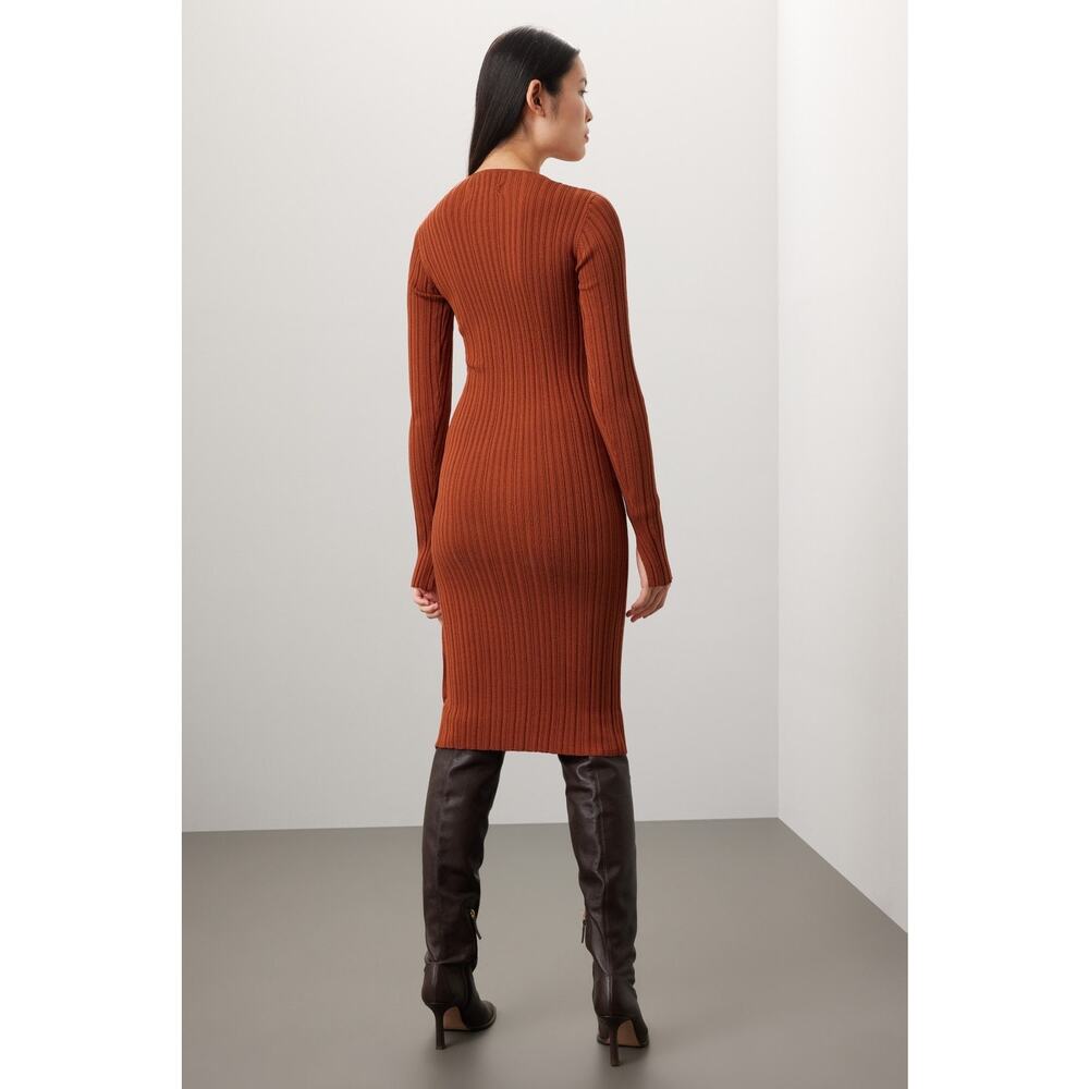 Adam Lippes Rust Ribbed Knit Side Button Long Sleeve Sweater Midi Dress Size S - Picture 3 of 16